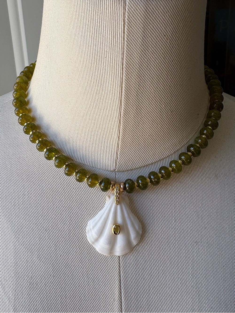 New Olive Green Beaded Necklace with White Shell Pendant
